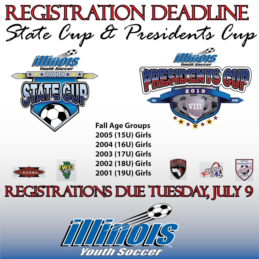 ILYOUTHSOCCER's tweet image. DEADLINE TOMORROW: State Cup and Presidents Cup Registration closes tomorrow at 3pm. events.gotsport.com/forms/app/Defa…  #ilyouthsoccer #ilstatecup #ilprezcup