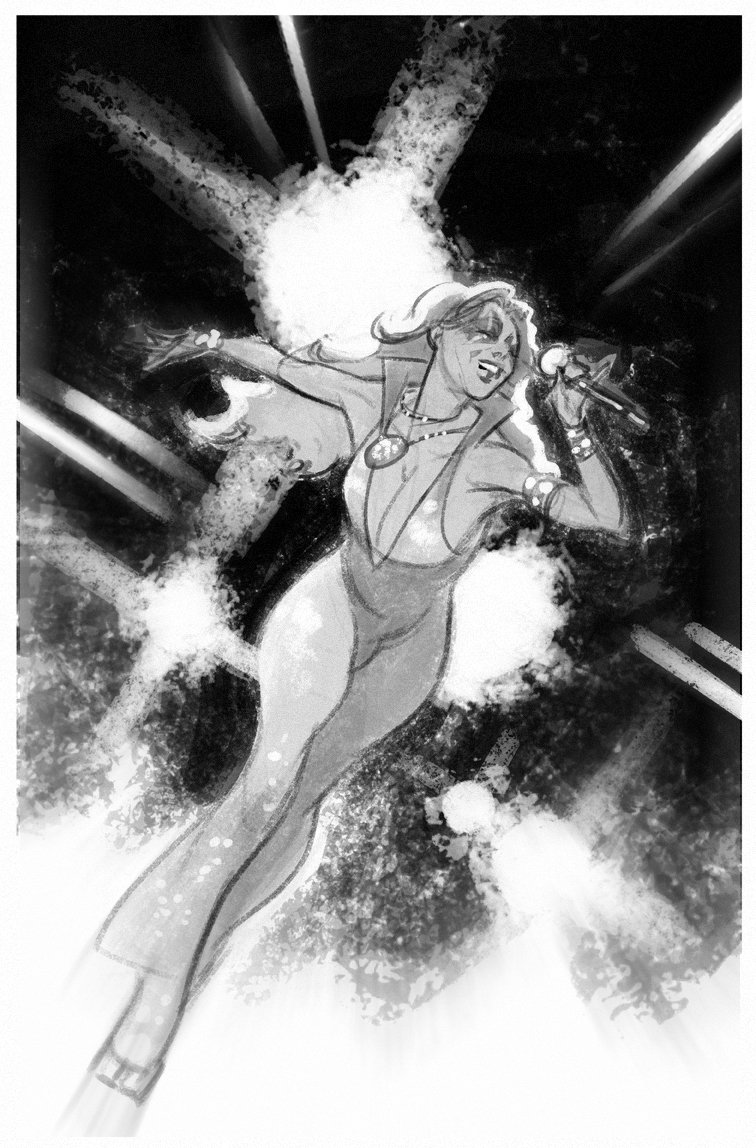 This is one of the discardeded sketches for the variant cover of Marvel 1000th, featuring Dazzler in all her pop-star glory. 