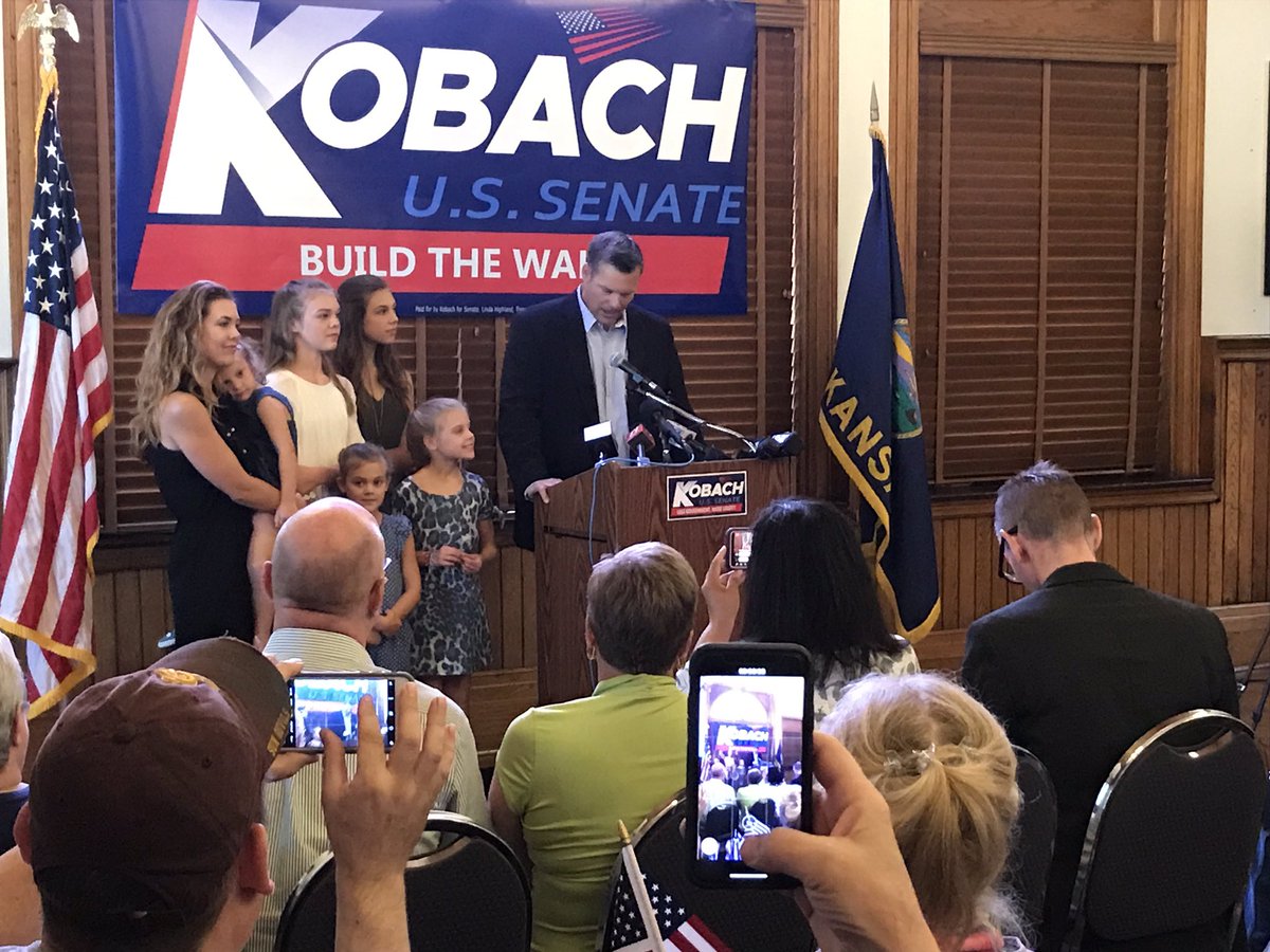 wibwCecelia's tweet photo. Kris Kobach and his family appear in front of a large crowd to announce his run for the U.S. Senate. https://t.co/6QLrCBgJsC