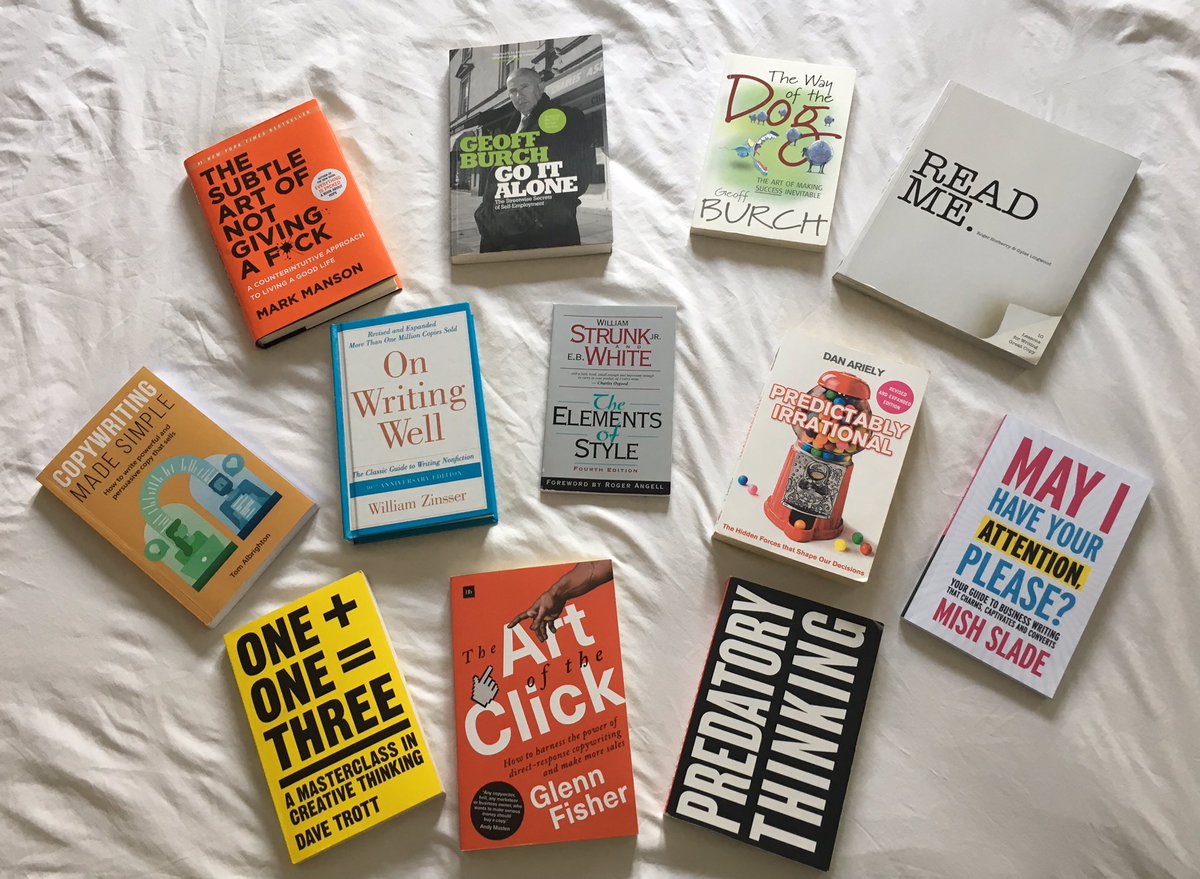 IanPople1's tweet image. My reading material over the last 3 months. Big thanks to: @davetrott @tomcopy @allgoodcopy @markmanson @MortifiedCow @GeoffBurch @danariely @GylesLingwood #rogerhorberry #williamzinsser #strunkandwhite for your inspiration &amp;amp; insights. Some of are on their 5th or 6th outing 👏