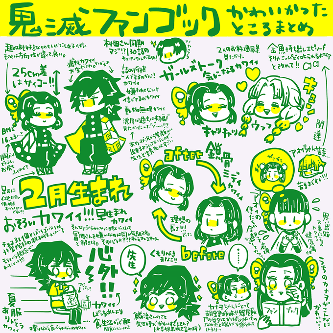 ■ファンブックのかわいかったところまとめ(※偏った感想)■
※ネタバレしかない
※キリが無いので九割五分ぎゆしのとカナヲちゃんのことしか書いてない
※熱を伝えるため敢えてのオール手書きだが、字が汚い。字が小さい 