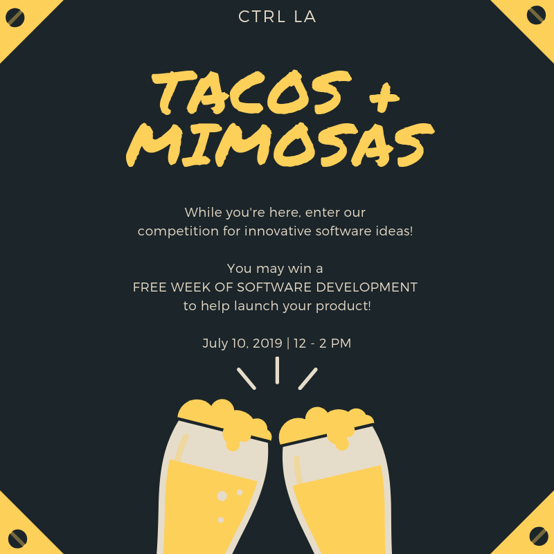 CTRLLA's tweet photo. Come by our office this Wednesday from 12 - 2pm for free tacos + mimosas! 

While you're here, enter our innovative software ideas competition. You may win a free week of software development to help launch your product.

DM / comment for more info. https://t.co/2uZjHszUHb