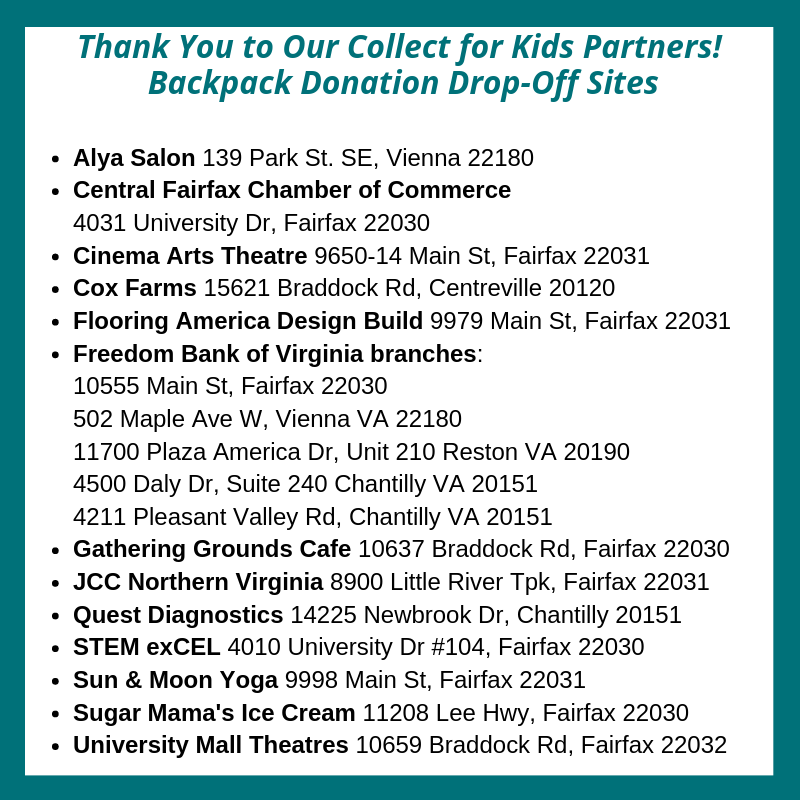 britepaths's tweet photo. Help @britepaths @CollectForKids thru 8/16. Many convenient #NVA drop-off sites. #CollectForKids #backpacks #BackToSchool @alyasalon @CoxFarmsTweets @FADesignBuild @freedombankofva @ggcfairfax @JCCofNoVA @stemexcel @sunandmoonyoga @SugarMamasFrfax https://t.co/8GANWBO9OW