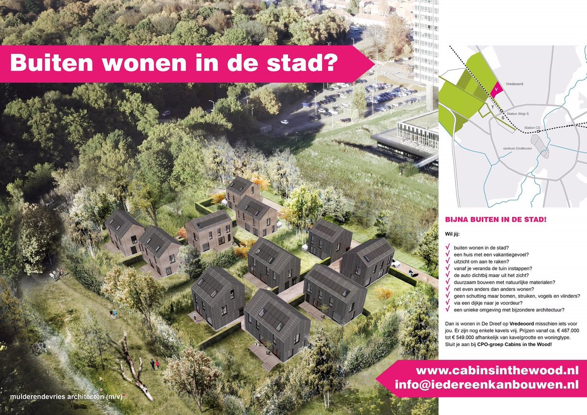 Wonen op een unieke locatie in Eindhoven? Meld je snel aan voor één van de laatste kavels van CPO Cabins in the Wood op Vredeoord. cabinsinthewood.nl iedereenkanbouwen.nl