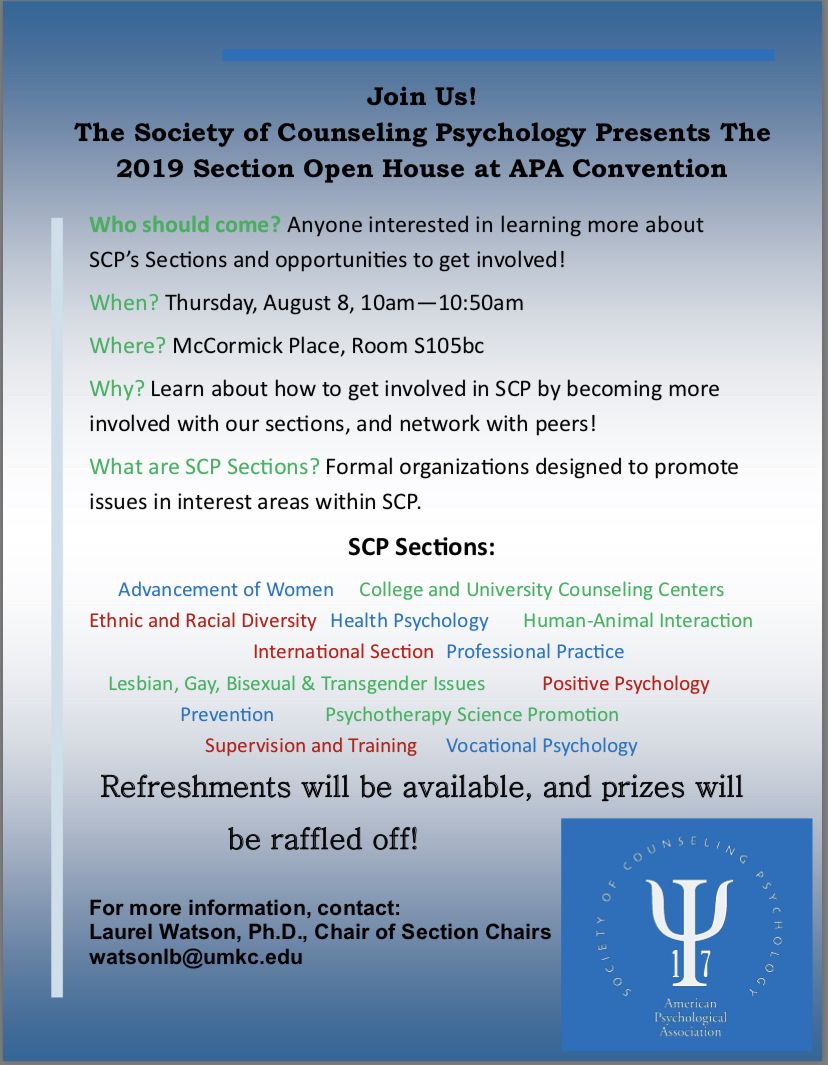 APADivision17's tweet photo. Join SCP at #apa2019 for a Section Open House! This is a great opportunity to learn more about the great work sections are doing and get involved to make a difference! #scp #division17 https://t.co/VHLbNDmuti