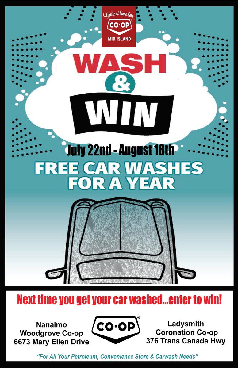 Beginning Monday July 22nd - August 18th next time you need your vehicle washed stop by our Woodgrove or Ladysmith location for a chance to win FREE Car Washes for a YEAR! The more you wash your vehicle the more chances to win. Buy a 5 pack of car washes and receive five entries!