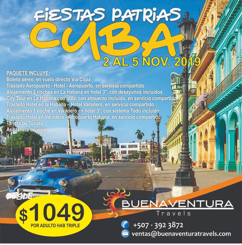 BVTRAVEL's tweet image. Aprovecha nuestros últimos cupos #FiestasPatrias2019 #Habana #Varadero
.
Llama para cotizar
392-3870 / 392-3872
reservas@buenaventuratravels.com
.
.
#Cuba | #panama | #pty | #travel | #familia | #family | #agenciadeviajes | #turismo | #vacaciones