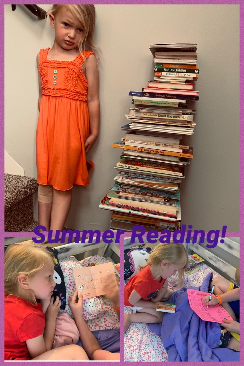 Mrs_Rehmann's tweet photo. Kayden and Kenley have been busy reading this summer. Our book tower is almost as tall as Kenley. #NCEreads https://t.co/uxXs36Z3yh