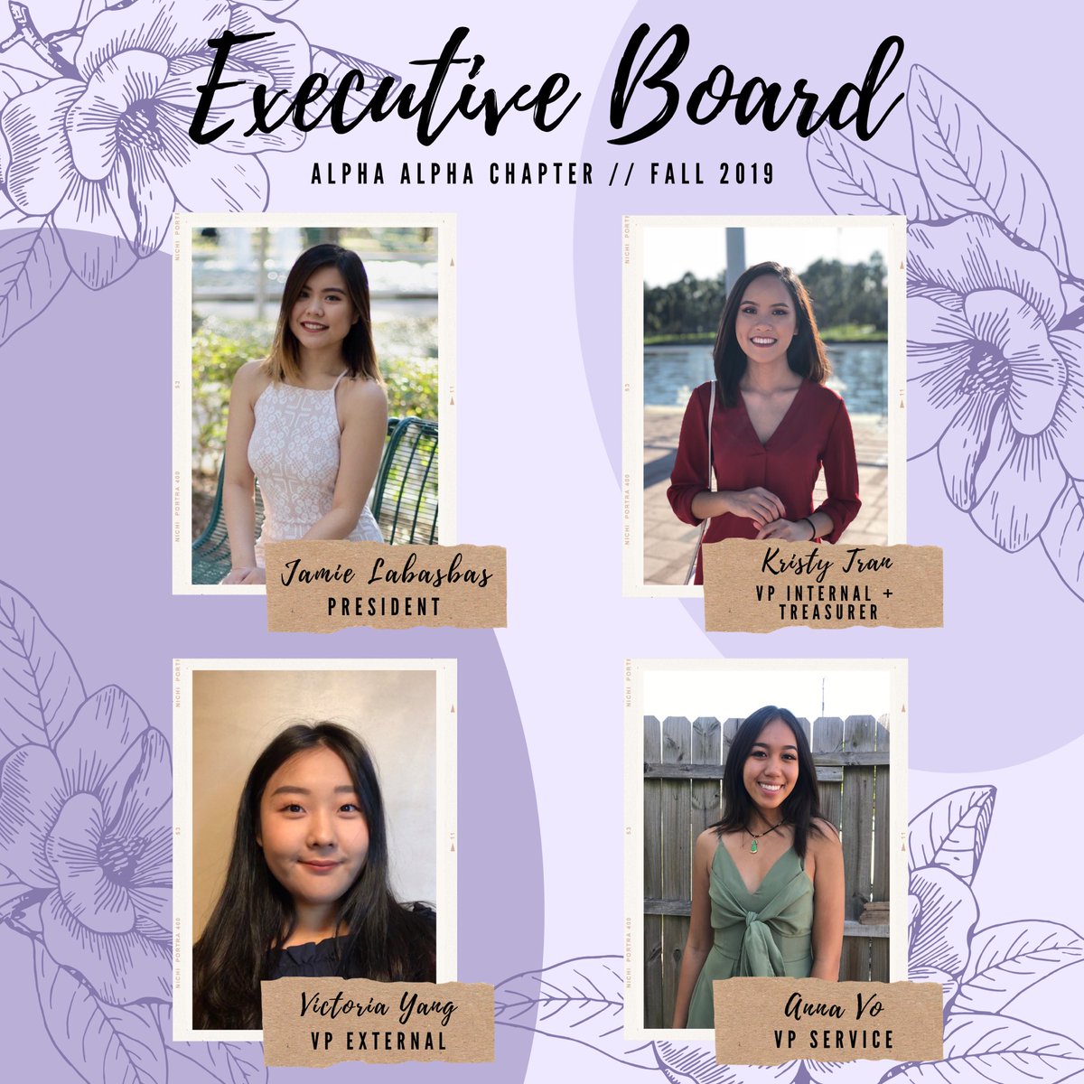 USF_aKDPhi's tweet photo. MEET OUR EXECUTIVE BOARD
President - #103 Jamie “Jitterbug” Labasbas
Vice President Internal - #121 Kristy “Gravité” Tran
Vice President External - #123 Victoria “diamAndis” Yang
Vice President Service - #122 Anna “feroZity” Vo
Treasurer - #121 Kristy “Gravité” Tran https://t.co/Cpd3ngIpFY