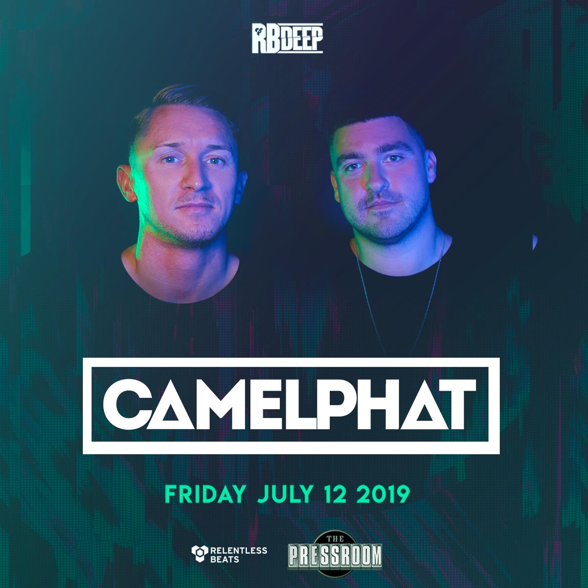 RelentlessBeats's tweet photo. 💃🕺 THIS FRIDAY NIGHT 🕺💃

@CamelPhat takes over The Pressroom! Want to WIN TIX? Retweet + Tag your crew for a chance to win a ticket to the show! Must follow @RBDeepOfficial

Get those tickets now before prices increase Thursday at midnight at https://t.co/OiohuNc6lG https://t.co/wPyPJklk4x