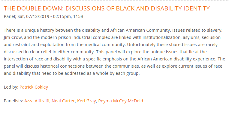 NuViewConsult's tweet photo. Going to @Netroots_Nation #nn19 ? Our boss @nealcarter is speaking  at THE DOUBLE DOWN: DISCUSSIONS OF BLACK AND DISABILITY IDENTITY @
July 13th at 2:15 PM https://t.co/9aStaTCY6C #DisabilitySolidarity #CripTheVote https://t.co/nGtVoIt3Xs