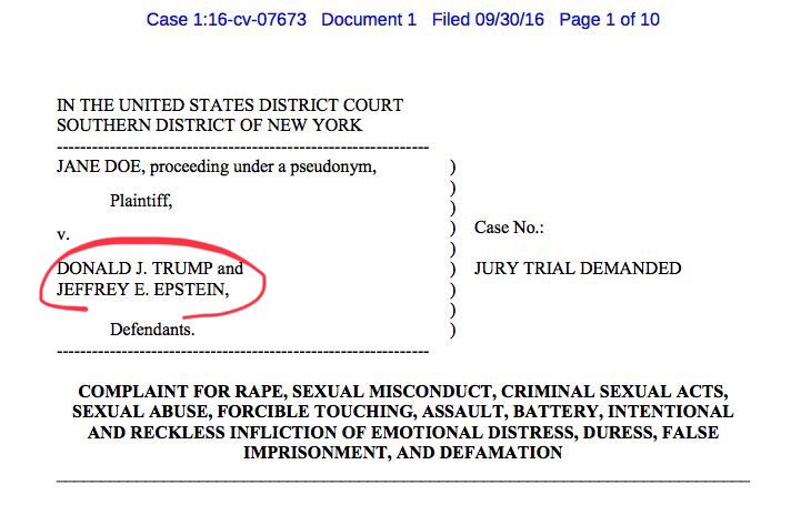 “Jane Doe” alleges Donald Trump sexually assaulted her on four separate occasions, culminating in a rape when she was just 13 at  #Epstein ’s NYC mansion. Her evidence? Three sworn declarations – from her, a friend she confided in at the time, and one of Epstein’s recruiters.