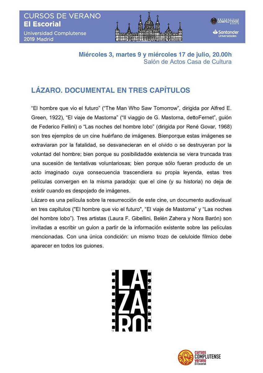 belenzahera's tweet photo. Este martes a las 20h., en la Casa de Cultura de San Lorenzo de El Escorial, proyectamos el segundo cortometraje del proyecto "Lázaro" titulado "El viaje de Mastorna", dirigido por Fernando Baños y escrito por una servidora. ¡Vengan a vernos! @CursosVeranoUCM https://t.co/CIhcyM3uFP