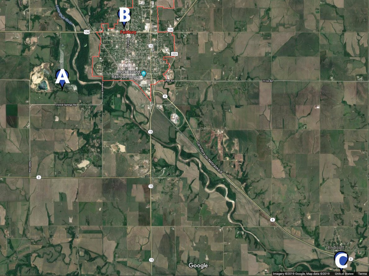 FbyJournal's tweet photo. Map of Homicide Investigation in Jefferson County: A - Crystal Springs: Video showing body being switched between vehicles. B - 1504 D Street: Residence where Gilbert &amp; Grable were arrested. C - South of Endicott: Where body was located on a rural road https://t.co/nKiNOChvC7
