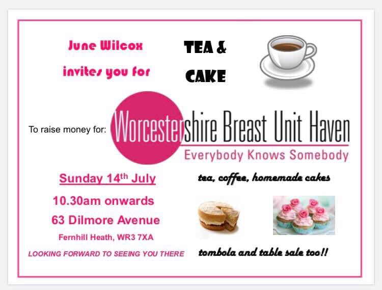 Yum!  Come along to tea and cake hosted by Kate Butler’s lovely Mum June on 14 July, details attached, in support of us.  <a href="/bu_events/">BUE Worcester</a> #worcestershirehour