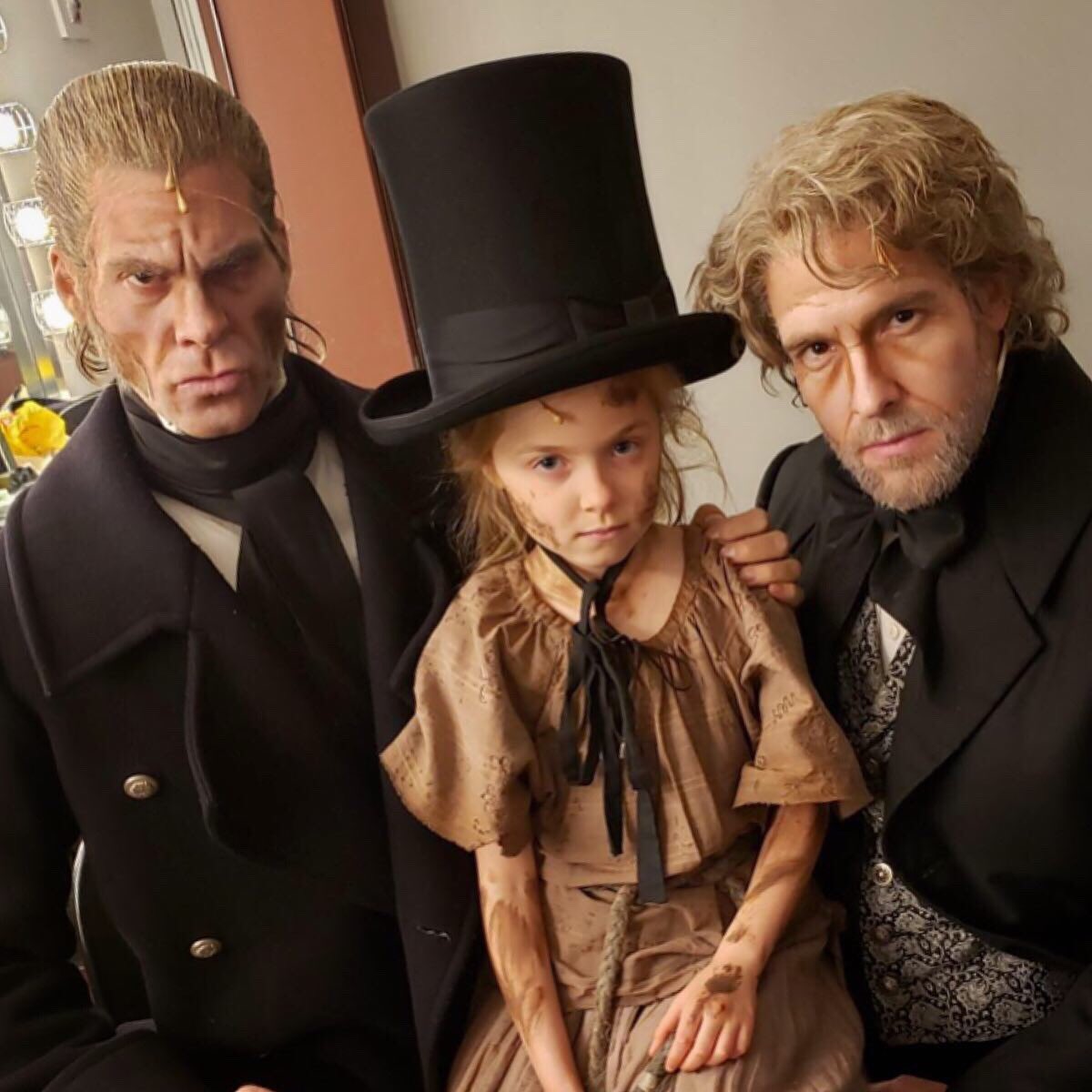 CateElefante's tweet photo. I love these guys so stinking much #LesMizUS #3weeksleft #countdownbeginsโณ #Valjean #LittleCosette #Javert #TourFamily #BackstageAntics #MizKid #BroadwayKid https://t.co/s31hTouciY
