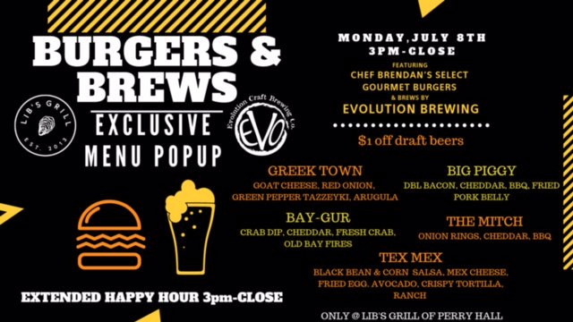 Studies show that Americans eat 3 burgers a week. DO NOT go to a fast food joint!!! Make one (or more) those burgers custom to you and then wash it down with an ice cold beer from Evolution tonight at Lib's Grill in Perry Hall tonight until close!