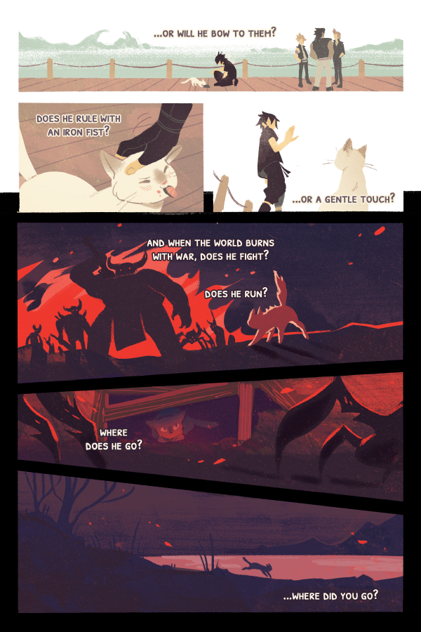 xoxobouma's tweet photo. the full comic i did for the @ffxvcelebration zine (which is an amazing little book!) about a hungry cat's ruminations on a king #FFXV https://t.co/lABleuBBhM