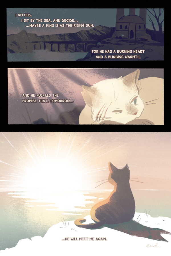xoxobouma's tweet photo. the full comic i did for the @ffxvcelebration zine (which is an amazing little book!) about a hungry cat's ruminations on a king #FFXV https://t.co/lABleuBBhM