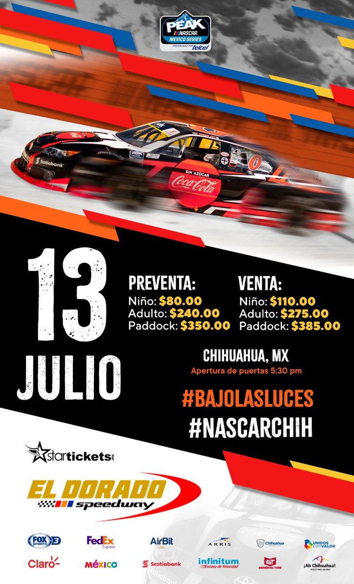 Dorado_Speedway's tweet photo. Preparen sus motores... ¡tenemos @NASCARPEAKMX  en Chihuahua!

🔹PUNTOS DE VENTA🔹
📍 StarTickets Mexico 
📍 City Express Plus Chihuahua
🌐 https://t.co/TKSqZzM818

#NascarChih #BajoLasLuces https://t.co/WT5NnoMESR