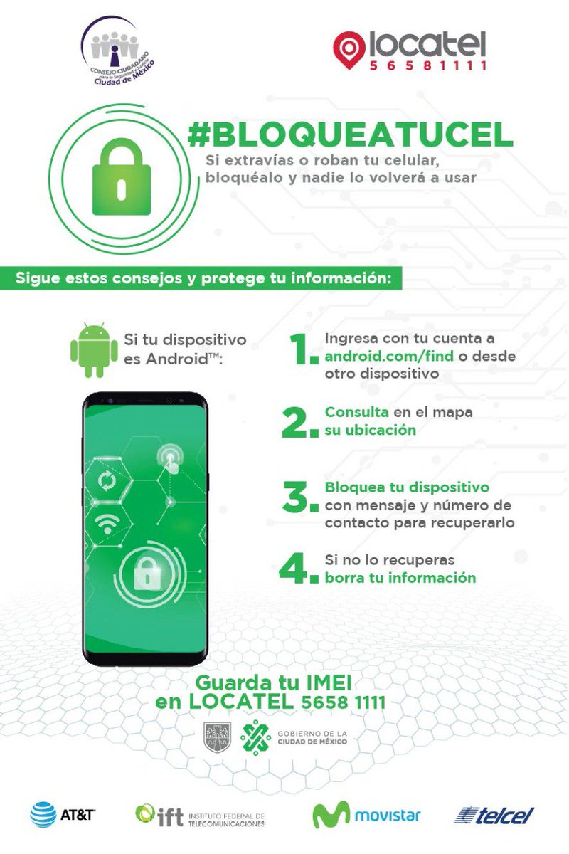 DIFCDMX's tweet photo. Protejamos nuestra información 🔐 y luchemos contra el robo de celulares con la iniciatica #BloqueaTuCel 📱.Juntos hacia una #CiudadSegura. 🙌 https://t.co/6AkREPQBME