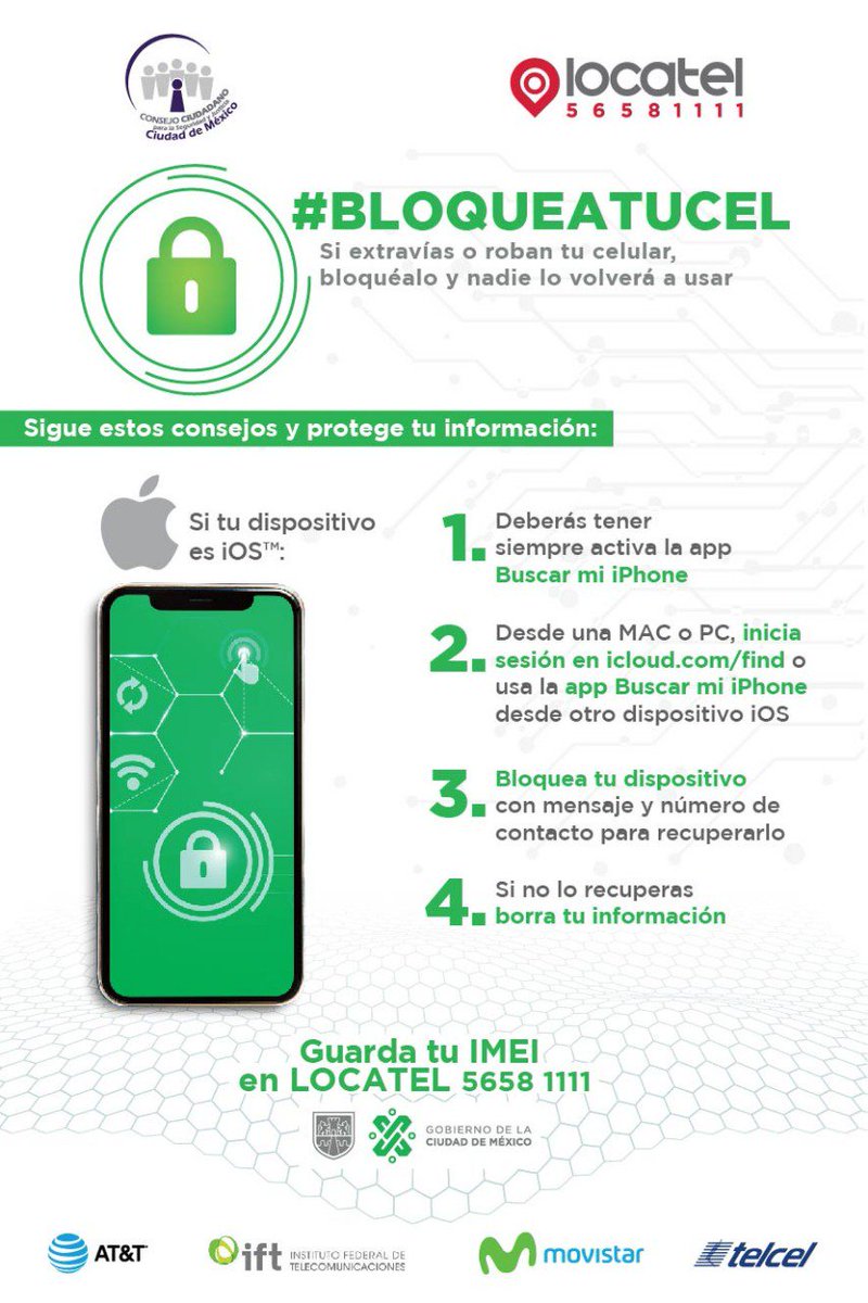 DIFCDMX's tweet photo. Protejamos nuestra información 🔐 y luchemos contra el robo de celulares con la iniciatica #BloqueaTuCel 📱.Juntos hacia una #CiudadSegura. 🙌 https://t.co/6AkREPQBME