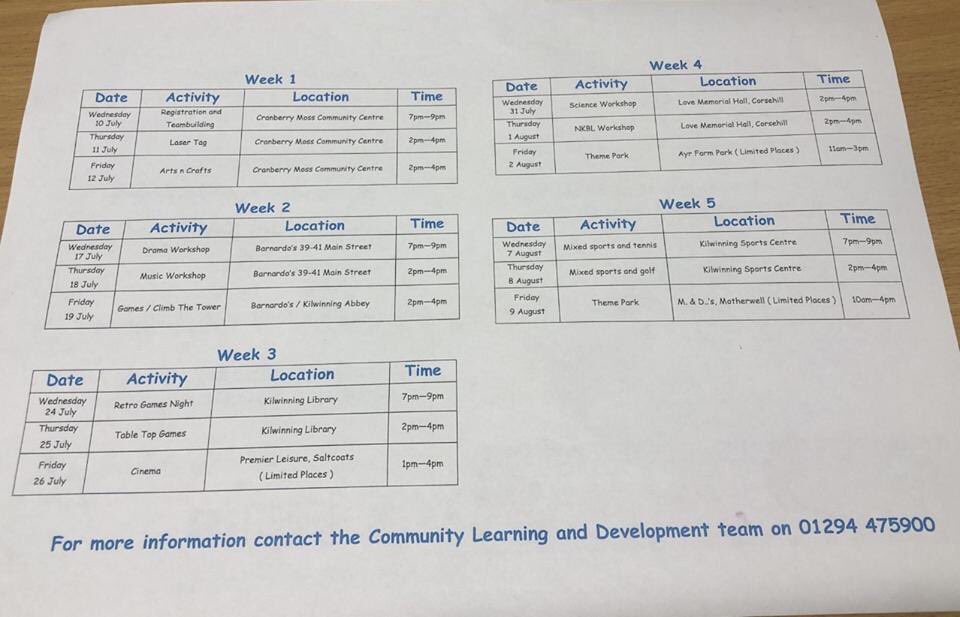 So this WEDNESDAY is the start of the Kilwinning Youth Forums Summer programme 😆😆 

So if your interested in being involved throughout the Summer then feel welcome to come along to Crannberrymoss Community Centre in Pennyburn ✌️

#KYFSummer19 
#TogetherWeCanBuildABetterPlace