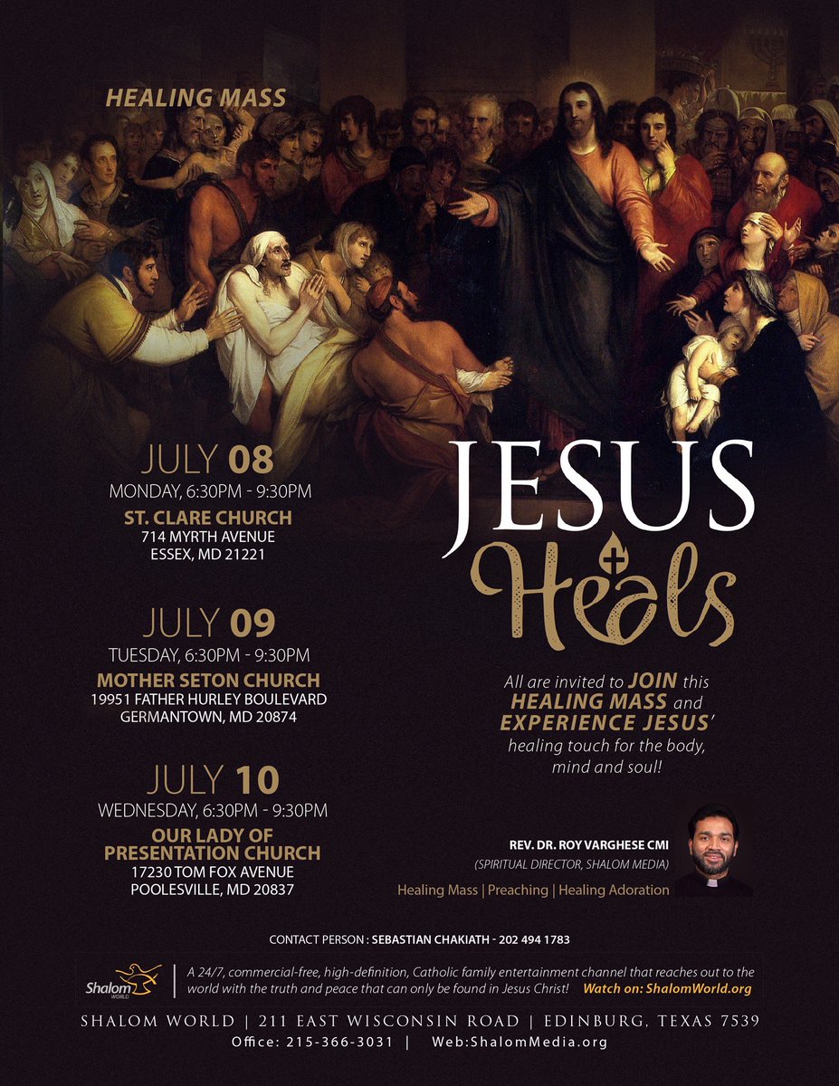 All are invited to join us tomorrow (July 9th) at Mother Seton for the Healing Mass with Rev. Roy Varghese CMI. MASS WILL BEGIN AT 6:30 PM instead of the usual  7:00 pm. Come and experience Jesus’ healing touch for the body, mind and soul. #adoration #healingmass  #Jesusheals