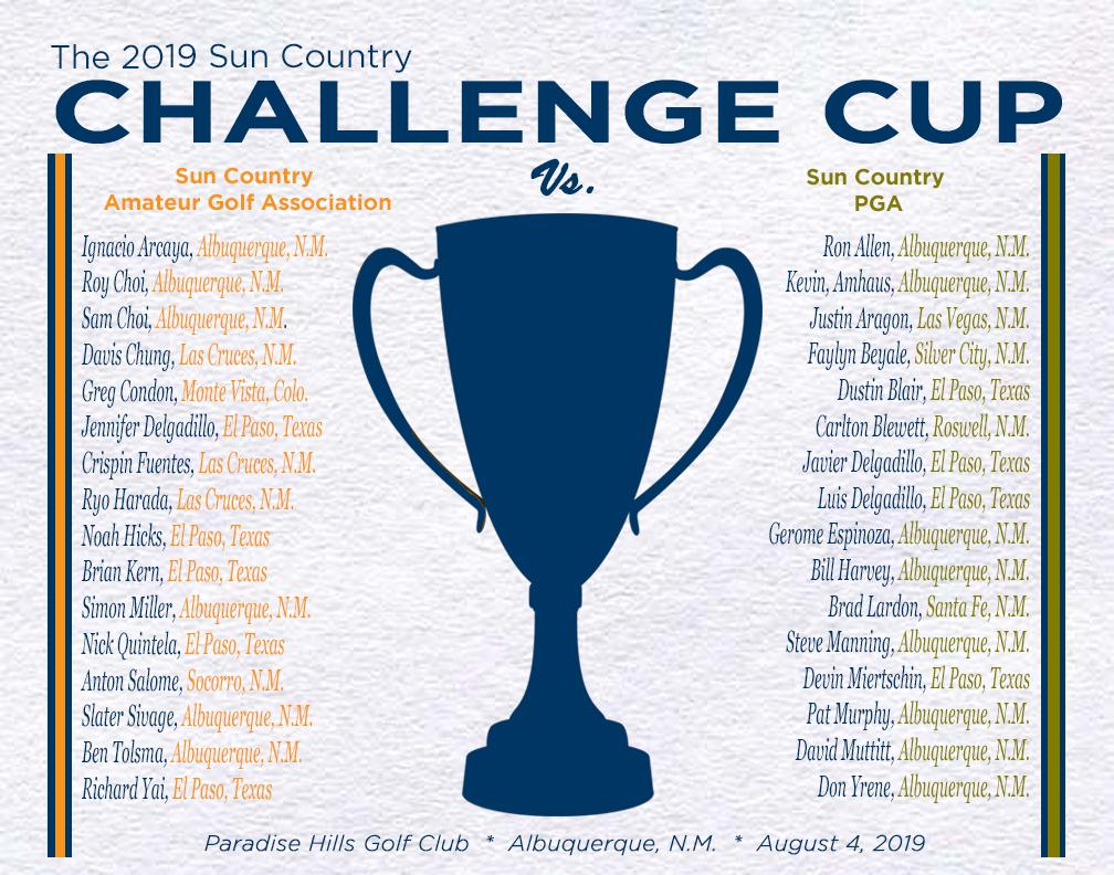 SunCountryGolf's tweet photo. Our 2019 Challenge Cup teams for the Sun Country Amateur Golf Association and the Sun Country PGA. The two duke it out Aug. 4 at @ParadiseHillsGC. #ProsVsAms @SteveVirgen @krqesports @Brandega @LoboInsider @JPtheSportsGuy @1017theteam @610KNML @NewMexicoGolfN1 @enchantmentspts https://t.co/E9aaPaLbNO