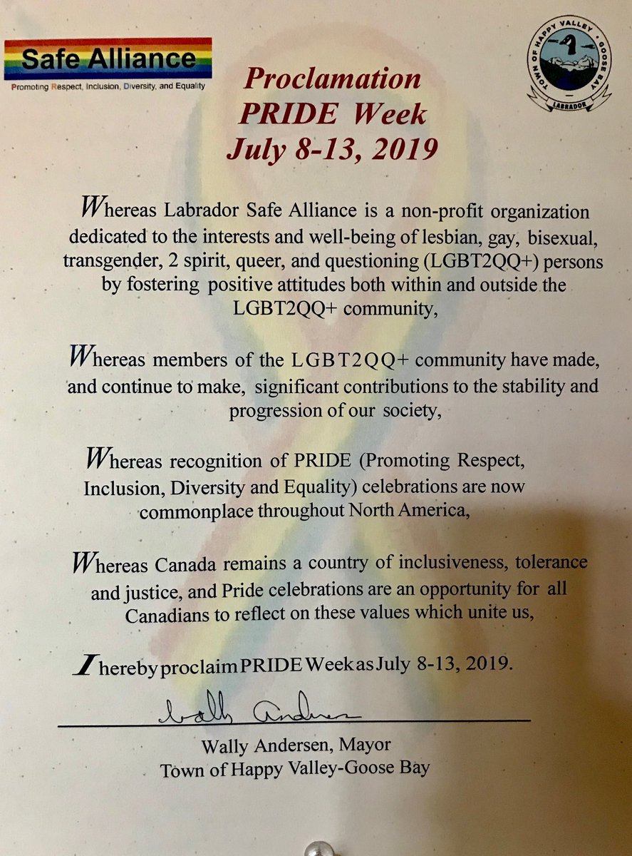 CyndyStead's tweet photo. #PrideWeek #proclamation #LabradorSafeAlliance #LGBT2QQ+ #Community  ⁦@Town_HVGB⁩ ⁦#SafeAlliance ⁦@PerryTrimper⁩ ⁦@YvonneJJones⁩ #Pride2019 #inclusiveness https://t.co/oqG107yqjz