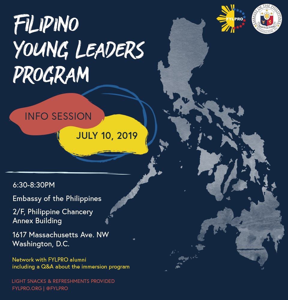 philippinesusa's tweet photo. Join us on Wed 07/10 6:30pm for an Info Session on @FylproMabuhay — Learn more about the immersion program & get to know #FYLPRO alums during our networking mixer. We will be accepting applications until 09/01/19. Read more 👉🏻 https://t.co/Lh1IVEn1v6 https://t.co/38PMZ1zpWP