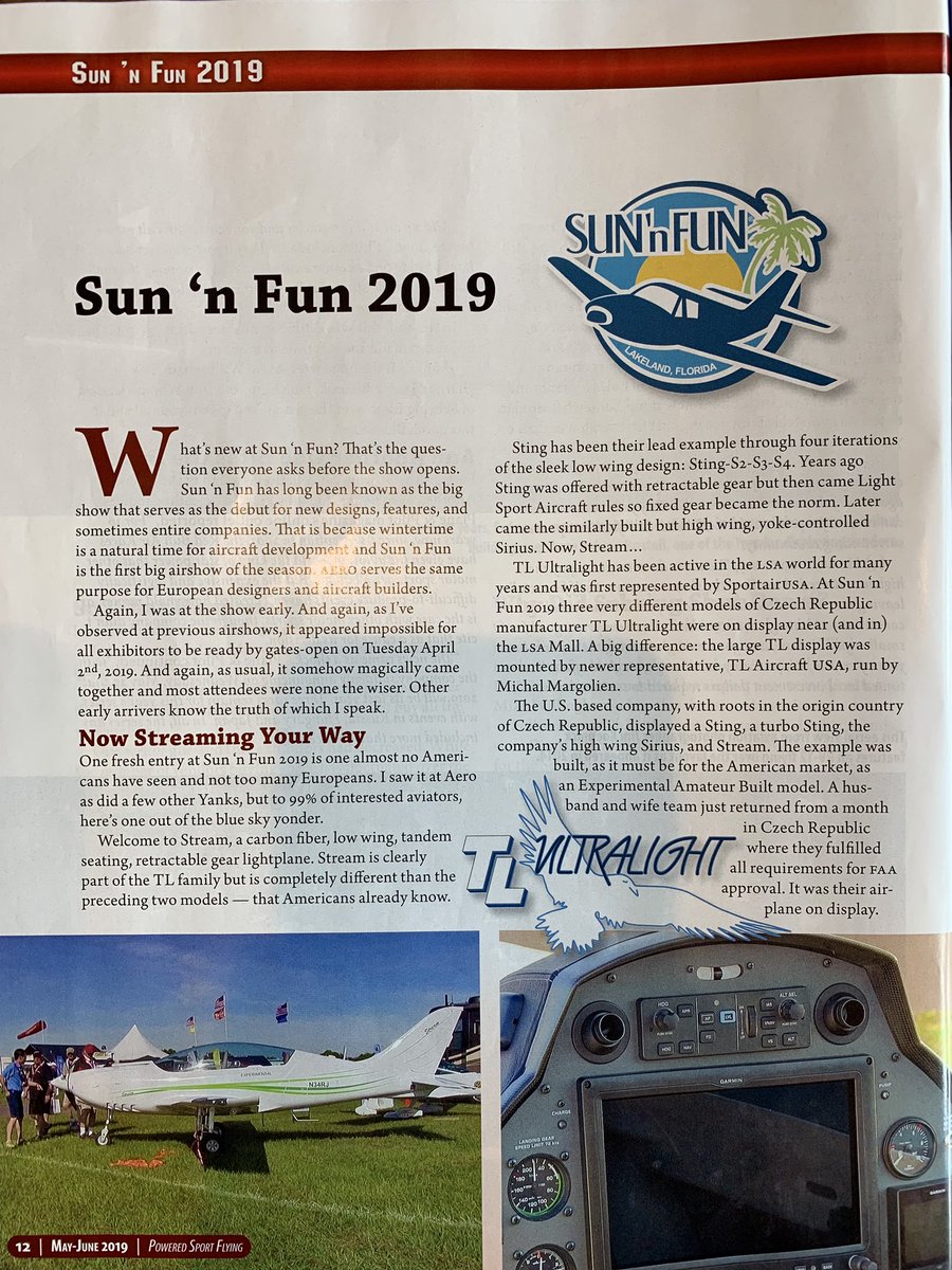 TLAircraftUSA's tweet photo. Thanks, @bydanjohnson, for featuring our @TLULTRALIGHT #TLStream in this colorful, thoughtful & comprehensive report from #SUNnFUN 2019 in @PSFlying! ๐
Visit https://t.co/0AVo3UyTKL for the whole report or find it @ your favorite newsstand. โ๏ธ
#EnableEveryoneToFly
#LightSport https://t.co/LBeEpbpmjG