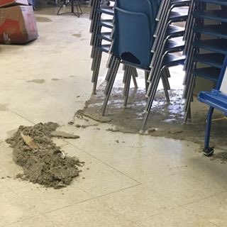 EmmaAudreyGoss's tweet photo. Cleanup at Gateway Elementary after the 7.1 earthquake caused flooding in the cafeteria and library. #cleanupefforts #ridgecrestearthquake https://t.co/6Zg3JKOdZc