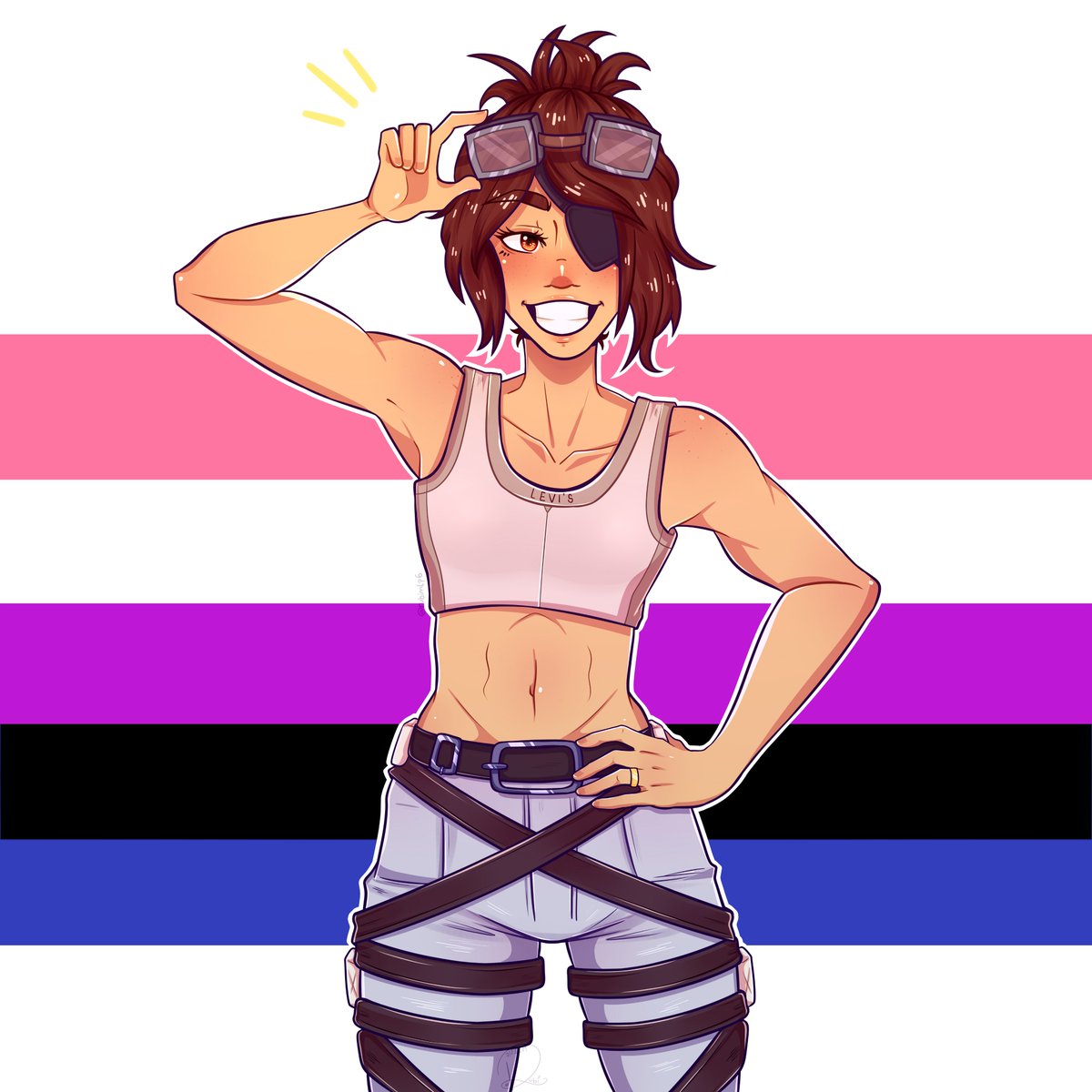 rubimlp6's tweet photo. Happy (late) Pride Month!! 💛
My laptop broke and I couldn't upload sooner. 
Here's to celebrate our lovely non-binary Hange Zoë from SNK!
--
#genderfluid #pride #pride2019 #genderfluidpride #anime #animepride #SNK #ShingekiNoKyojin #hangezoe #fanart #digitalfanart #illustration https://t.co/FAXPDxxkf4