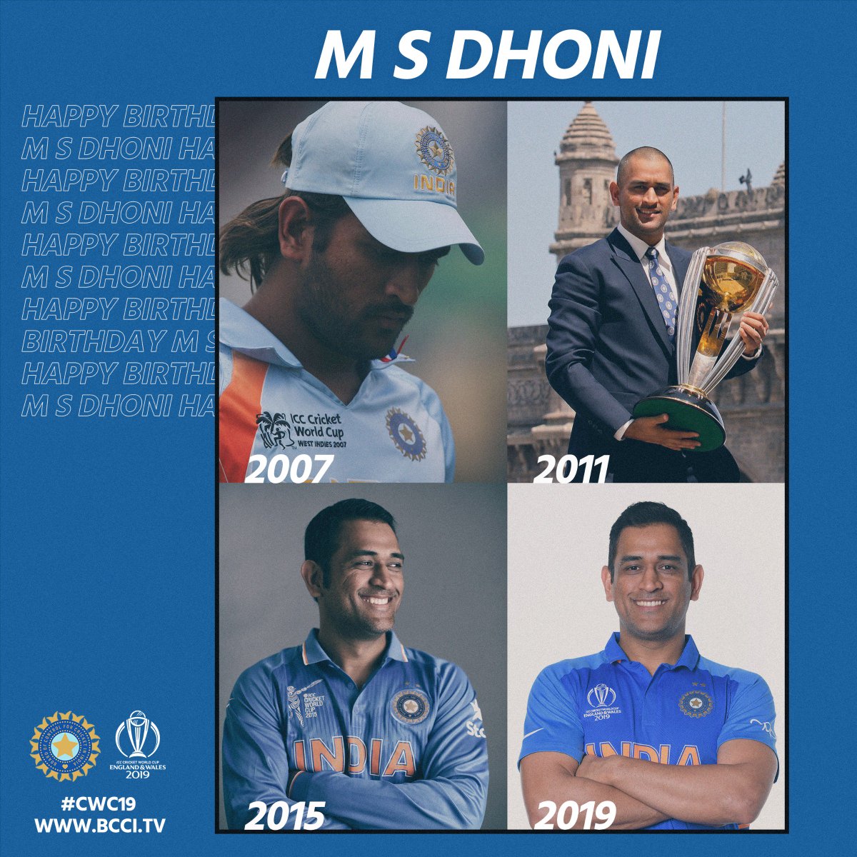 BCCI's tweet image. 4 World Cups 🏆🏆🏆🏆
4 Different Looks 😎😎
Which one do you like the most? Take a pick #HappyBirthdayDhoni 🎂🎂 #TeamIndia