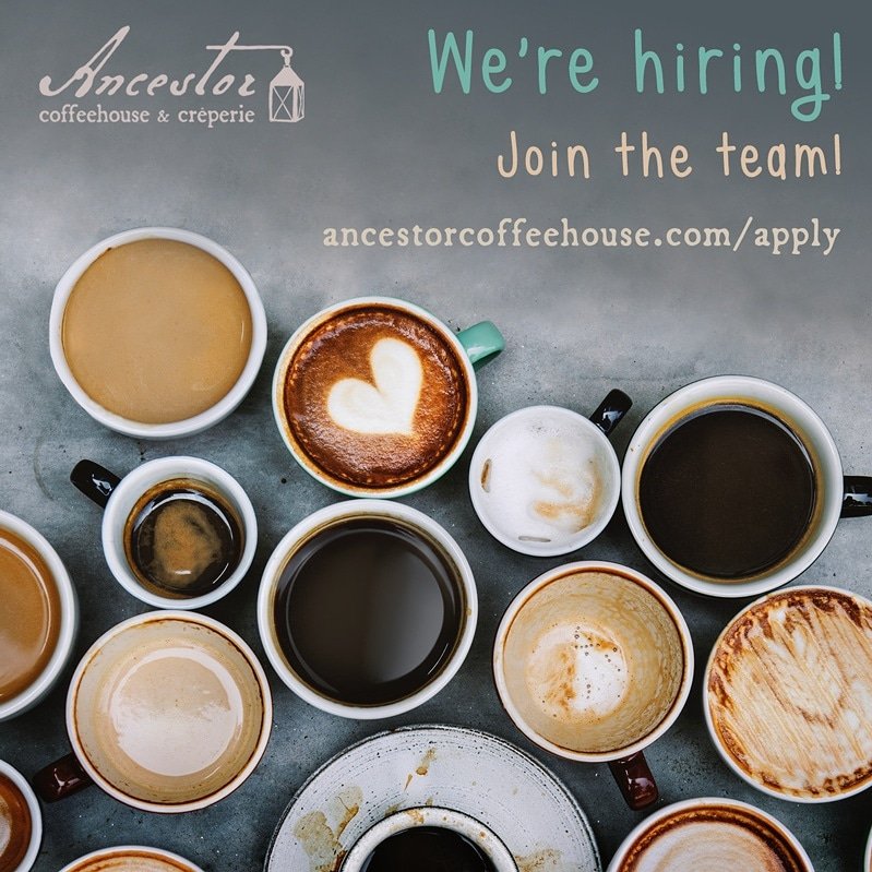 AncestorCoffee's tweet photo. Spread the word! We're looking for new team members who can work daytime shifts, extending through the school year. Come be a part of the coffee &amp; crêpes of Lebanon! 

#nowhiring #coffee #crepes #lebanonpa #jointheteam https://t.co/us7roKq1kT