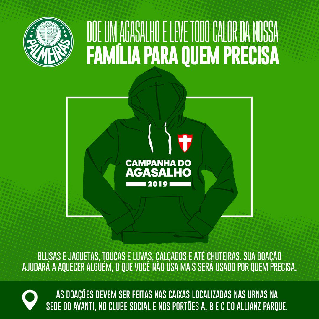 Tá frio, né?
Então vamos levar o calor da #FamíliaPalmeiras para quem mais precisa!
Nesta quarta-feira, leve uma peça de roupa ou calçado e deposite em um dos portões de acesso da nossa casa.

#AvantiPalestra