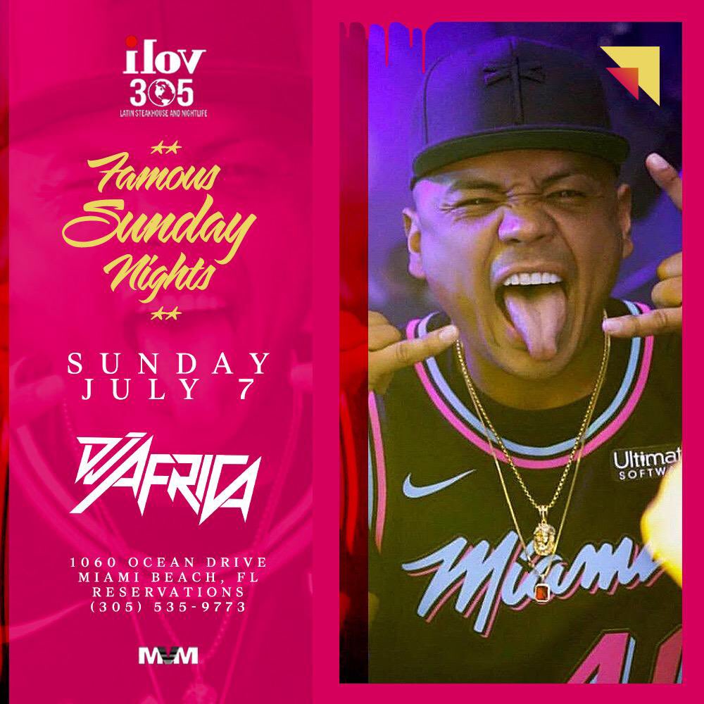 ilov305official's tweet photo. No better way to end a holiday weekend than by joining us tomorrow for 'Famous Sunday Night' to catch @djafrica spinning 🎧 #ilove305 #FamousSunday #MiamiBeach #Miami #OceanDrive #Party #MiamiNights #SundayFunday #Drinks #Instacocktails #instadrinks https://t.co/zEHcopw74D