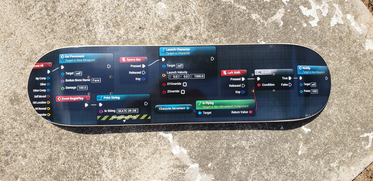 Skateboard deck with blueprints. Event hit leads to a function node named "eat pavement". Begin Play is connected to a print string SKATE OR DIE. Event Keyboard Spacebar activates launch character. Pressing Left shift while in air activates a function called kickflip.