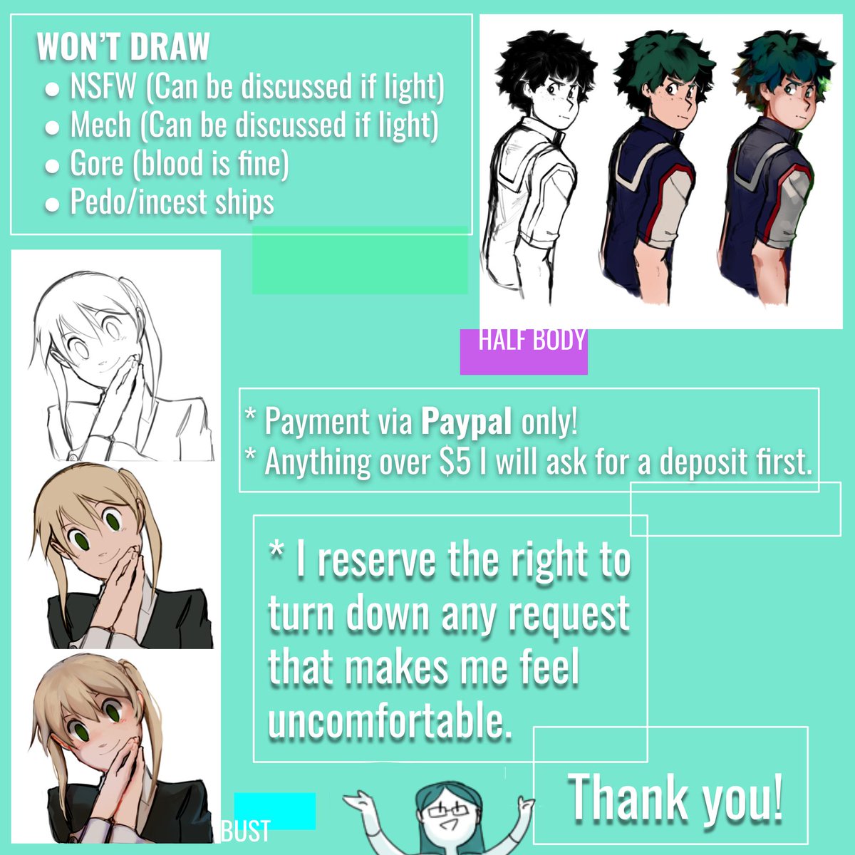 I'm finally starting commissions!! Five slots will be open.
--
DM me if you want more clarification -- I'll be posting the example pictures properly later!

[#commissionsopen #mobpsycho100 #mp100 #aceattorney #persona5 #mha #bnha #souleater] 