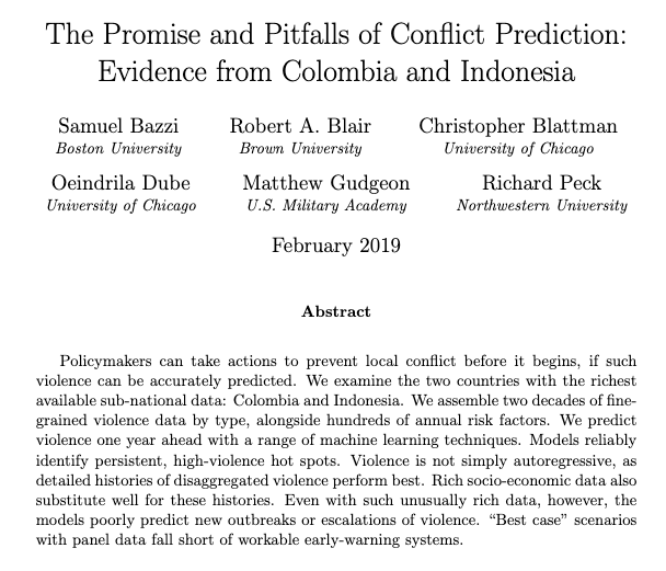 pscindo's tweet photo. The Promise and Pitfalls of Conflict Prediction: Evidence from Colombia and Indonesia by @cblatts et. al. 

https://t.co/2WqkTbTdil (open access) #politikkekerasan #violencedata #indopsc #comparativepol https://t.co/uFLwQG5neJ