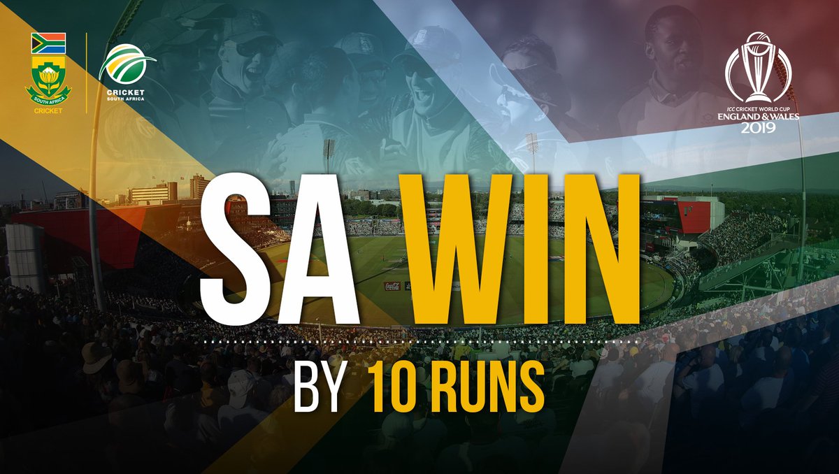 ProteasMenCSA's tweet photo. RESULT | PROTEAS WIN BY 10 RUNS

South Africa have WON by 1️⃣ 0️⃣ runs to give @ImranTahirSA &amp; @jpduminy21 a perfect ODI send-off

#CWC19 #ProteaFire🔥 #AUSvSA https://t.co/pW716KiHVc