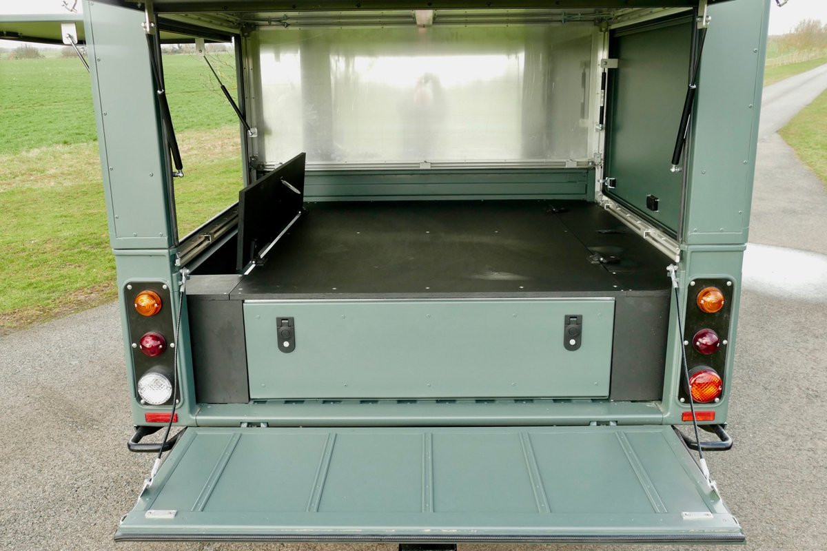 Fabulous Defender 130 supply and build leaves us today. Classic 1996 300TDi 130 double cab pick originally a white dropside now reconfigured with our CamelBaC bespoke alloy canopy, store draw, roof rack and side access refinished in satin Keswick green by Bodyshop47.com