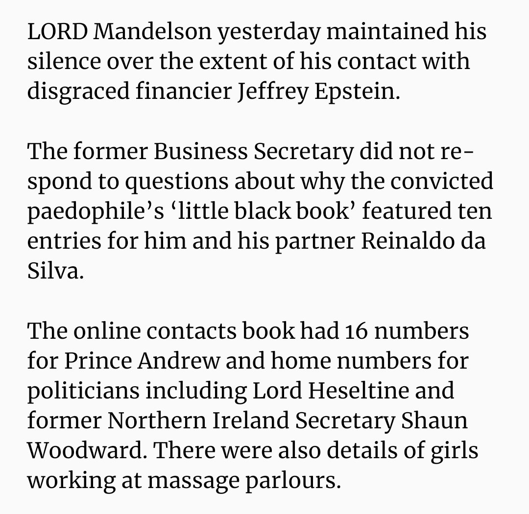 If the number of entries in Jeffrey Epstein's phone book is any indication as to the status of a politician, Peter Mandelson, with no fewer than 10 numbers, must have made it to the very top of the greasy pole. Was he on speed dial?  https://twitter.com/ciabaudo/status/1010818589622980609?s=19