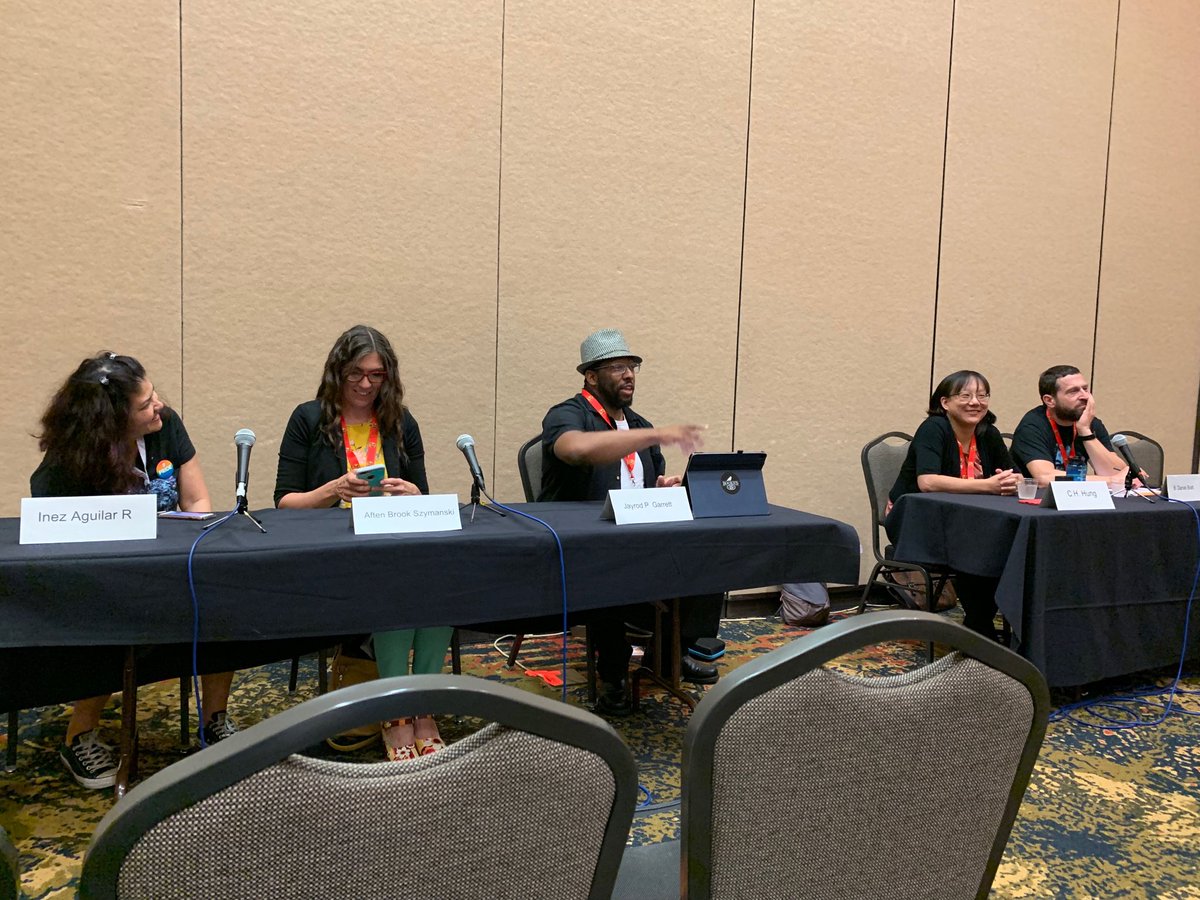 ArtdogJan's tweet photo. “Privilege and Passing in Genre Fiction” panel at SpikeCon. L-R: Inez Aguilar R, Aften Brooke Szymanski, Jayrod P. Garrett, C.H. Hung, and P. Daniel Blatt. #spikecon https://t.co/LvWyhLsB7j