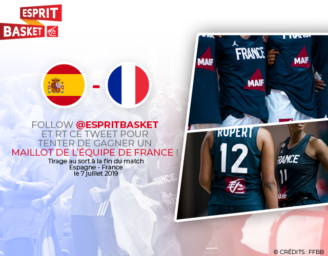 EspritBasket's tweet photo. #EspritBasket A L'occasion de la magnifique finale Espagne 🇪🇸 - 🇫🇷 France qui nous attend, follow + RT ce tweet pour tenter de gagner un maillot des Bleues @FRABasketball ! #FRAESP https://t.co/rleFL8xXM5