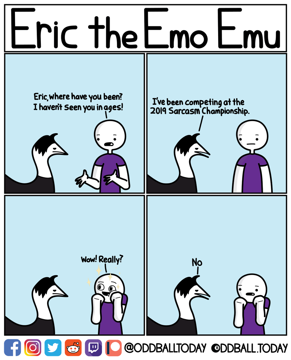 oddballtoday's tweet photo. Comic #393 - Eric Emu: Back Again

https://t.co/PWxOILRoEh
.
.
.
.
.
.
.
#comic #comics #webcomic #webcomics #cartoon #art #humor #funny #lol #lols #lmao #back #backagain #imback #eric #ericemu #ericemo #emo #ericemoemu #sarcasm #sarcastic #2019 #championship https://t.co/ERUROfOa9X