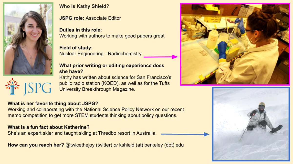 SciPolJournal's tweet photo. Today's spotlight is on @twicethejoy who is an Associate Editor for the journal. Kathy is a PhD student @UCBerkeley, founder of the @UCB_SciPolicy group, DOE Nuclear Energy University Program Fellow, and has a variety of #scipol interests. Read more below! https://t.co/HzQRqeQj7z