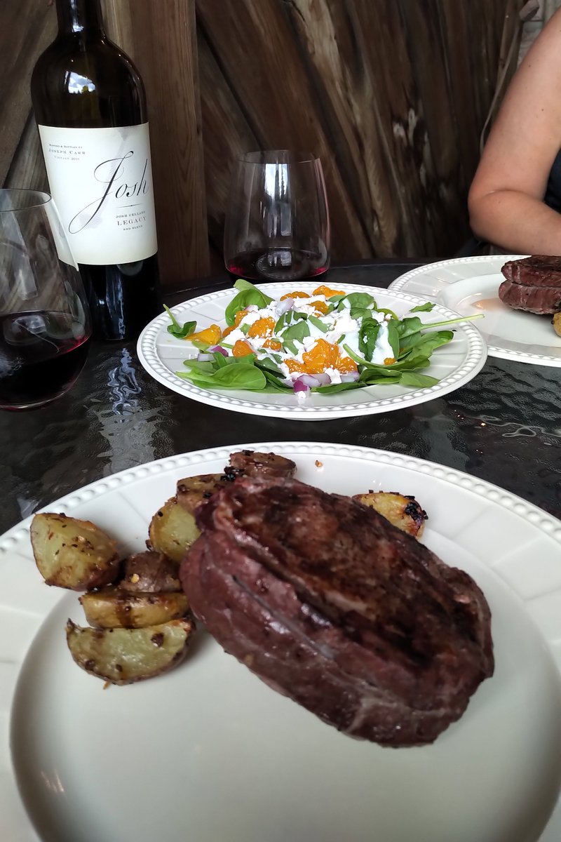 MarcMcCallum32's tweet photo. BBQ London Broil, a great bottle of wine all with a great girl overlooking the pool - after a day of floating in it - a great Saturday. #summerloves #goawayMonday https://t.co/1LP4GC5I2G