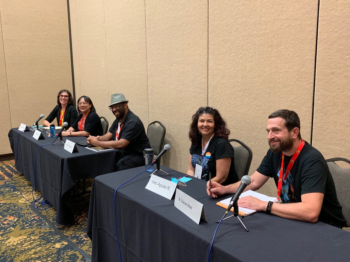 ArtdogJan's tweet photo. The “Write What You Don’t Know” panel. L-R: Aften Brook Szymanski, C.H. Hung, Jayrod P. Garrett, Inez Aguilar, and Daniel Blatt. #spikecon https://t.co/KP7zYTW5cR